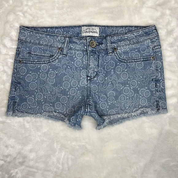 Aeropostale Blue & White Floral Low-Rise Stretch Denim Cutoff Jean Shorts Sz 0 - Picture 10 of 10